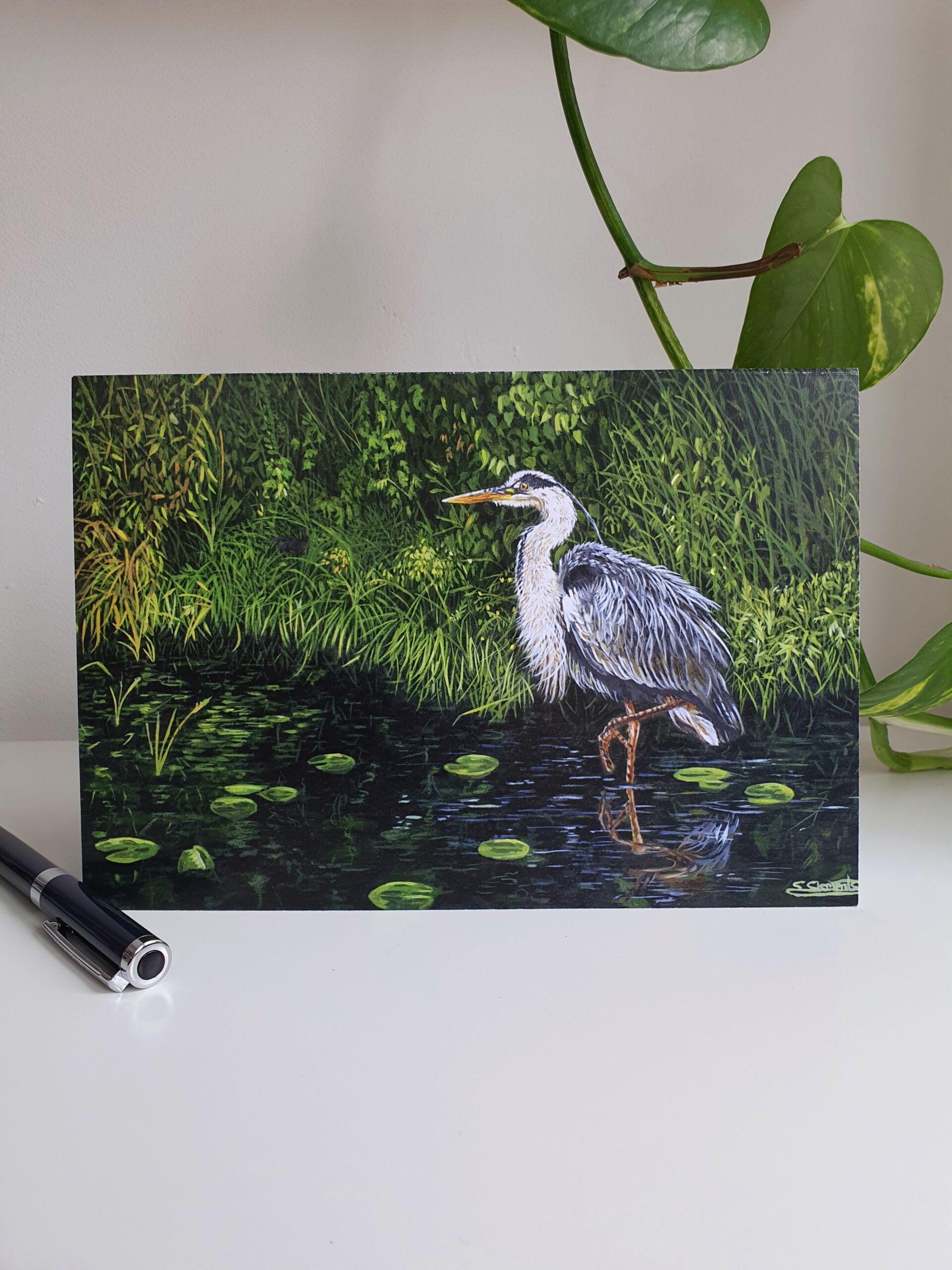 'Heron at Dusk' - Blank Greeting Card - Picture from Original Painting - 15 x 21 cm